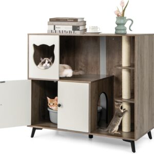Tangkula Cat Litter Box Enclosure, 5-in-1 Enlarged Hidden Litter Box Furniture with Cat Condo, 3 Scratching Posts, 5 Metal Support Legs, Cat Washroom, Multi-Layer Cat House for Indoor Cats