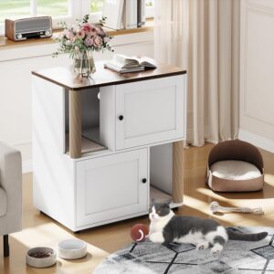 Cat Litter Box Enclosure for 2 Cats, Hidden Litter Box Furniture with Scratch Post and Double-Layer Litter Mats,Farmhouse Wooden Cat House Washroom or Bed, White