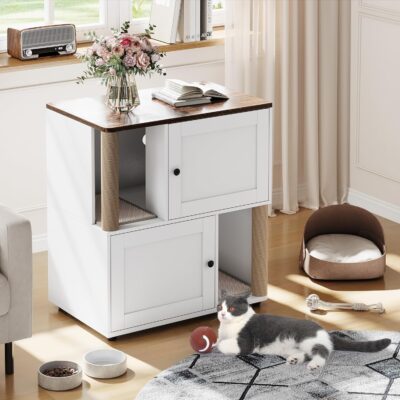 Cat Litter Box Enclosure for 2 Cats, Hidden Litter Box Furniture with Scratch Post and Double-Layer Litter Mats,Farmhouse Wooden Cat House Washroom or Bed, White