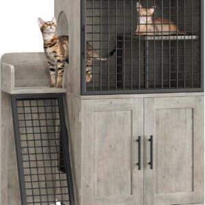 Alternative view of STMHOM 41 Inch Cat Litter Box Enclosure with Sturdy Ladder, Double Layer Hidden Cat Washroom Furniture with Side Door, Modern Villa Litter Box Cabinet, 33.5" L x 17.9" W x 41.9" H, Grey