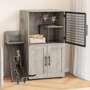 STMHOM 41 Inch Cat Litter Box Enclosure with Sturdy Ladder, Double Layer Hidden Cat Washroom Furniture with Side Door, Modern Villa Litter Box Cabinet, 33.5" L x 17.9" W x 41.9" H, Grey